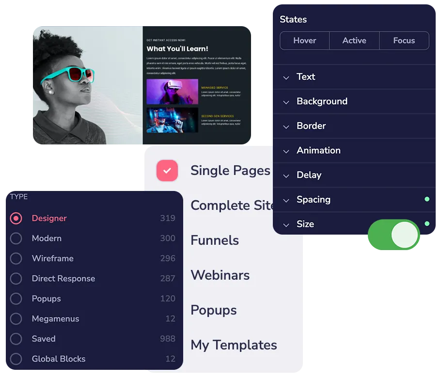 GroovePages template browser with Designer, Modern, Wireframe, and Direct Response categories alongside state controls and a sample landing page