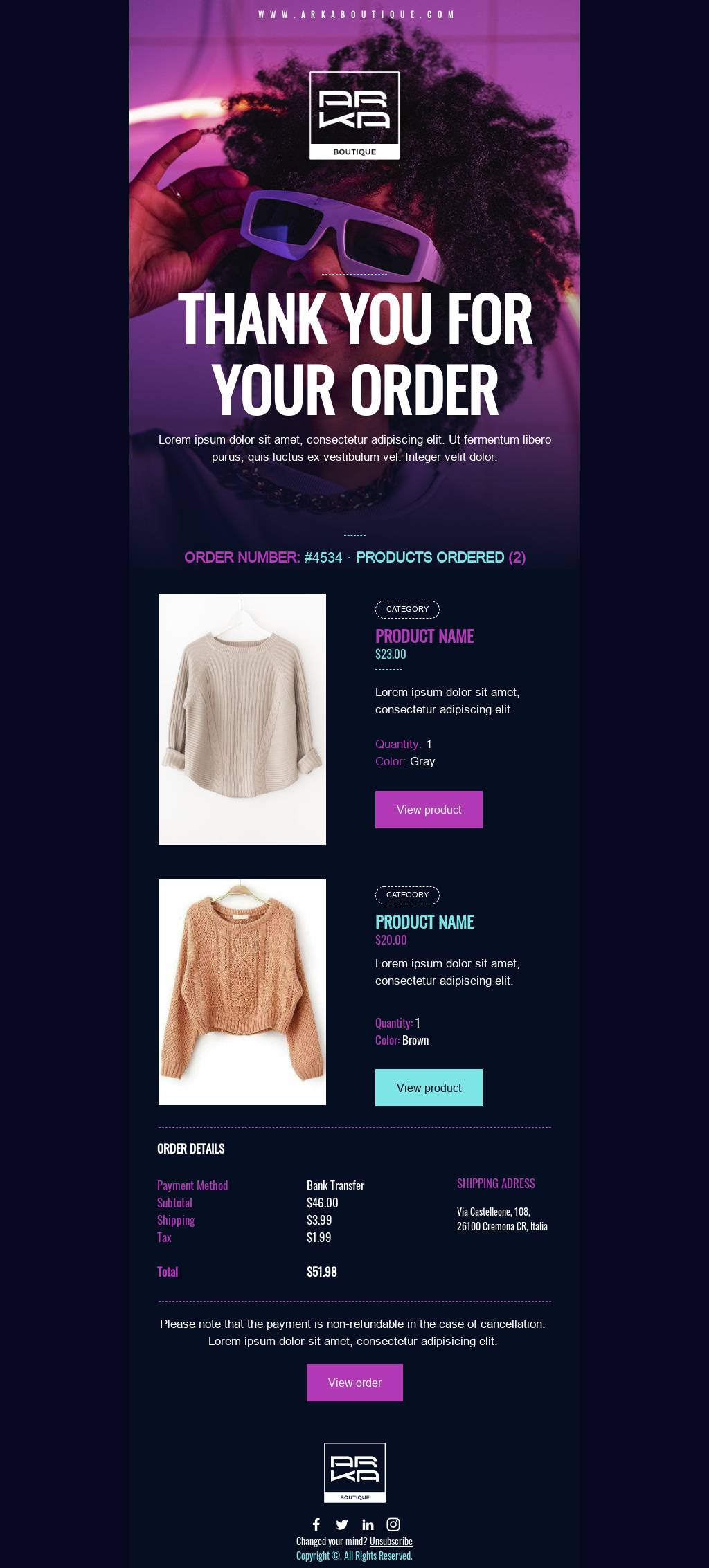 Order confirmation email template